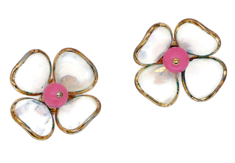 Fuchsia Pink Rhinestone Golden Leaves Pin Earring Set