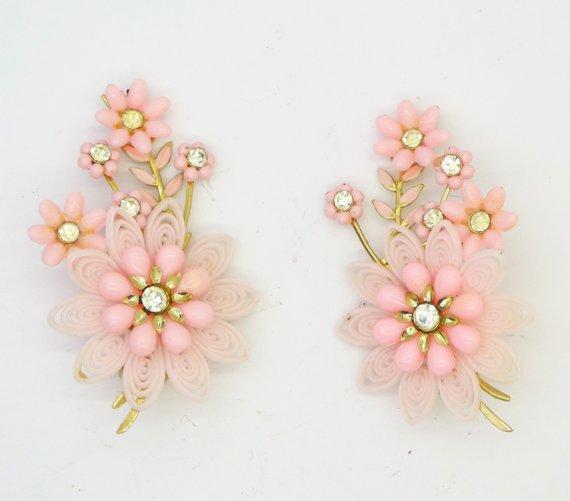 Coro Pink Plastic Rhinestone Flower Clip Earrings - Vintage Lane Jewelry