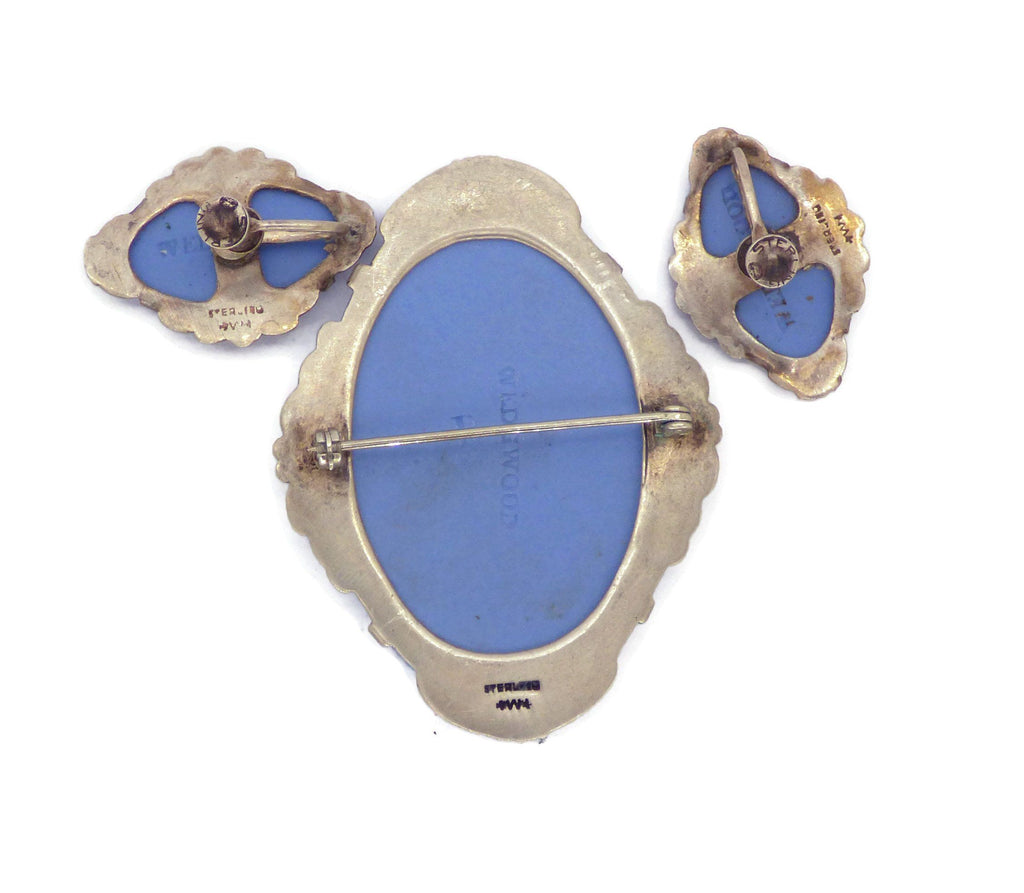 Wedgwood Blue Jasperware Suite in Sterling Silver, Brooch and Earrings - Vintage Lane Jewelry