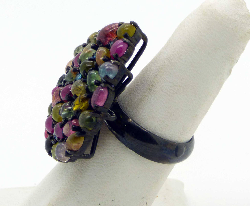Huge Tourmaline, Blue Topaz and Ruby Black Rhodium Plated over Sterling Silver Ring, Size 7.5. - Vintage Lane Jewelry