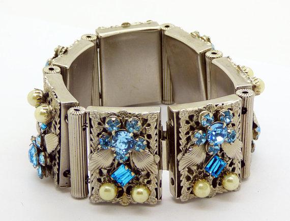 Vintage Leru Silver Tone Blue Rhinestone and Faux Pearl Panel Bracelet and Clip Earrings - Vintage Lane Jewelry