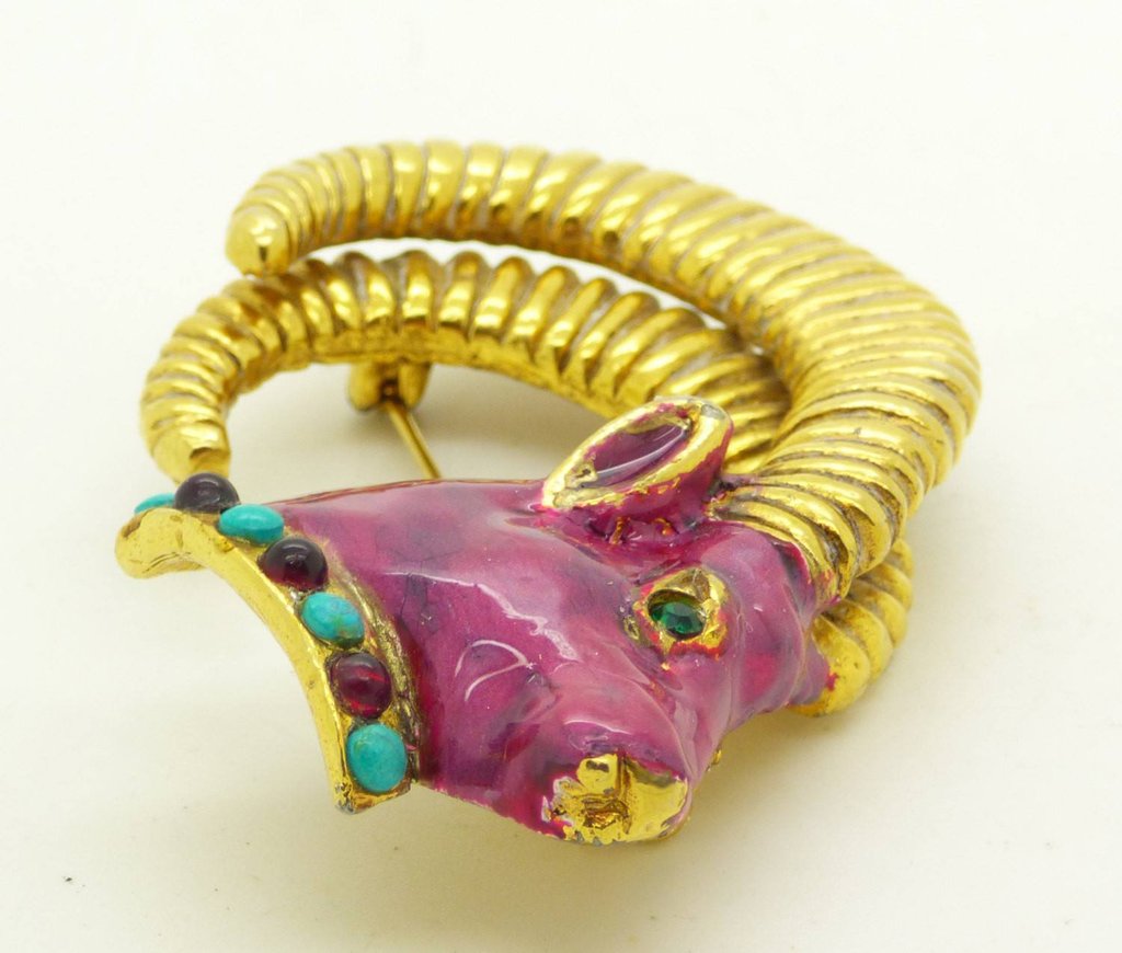 Vintage Richelieu Gold Ram Elk Purple Enamel Rhinestone Brooch Pin - Vintage Lane Jewelry